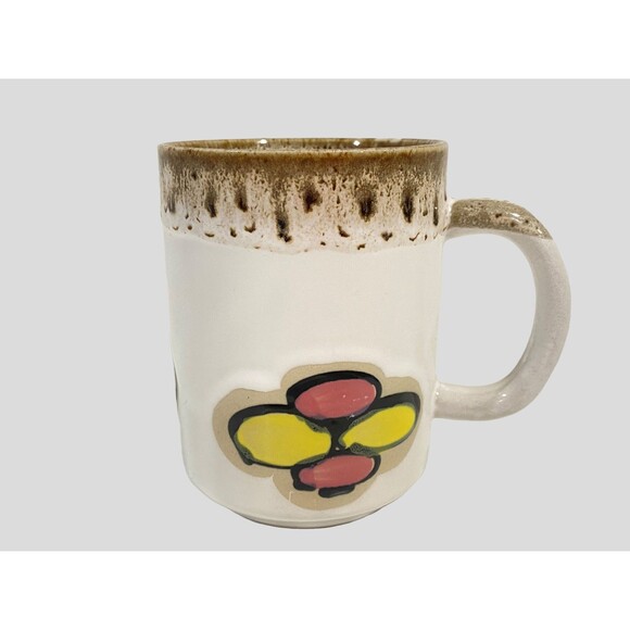 Vintage Stoneware Mod Floral Coffee Mug, Pink Yellow Mod Flowers, Coffee Cup - Picture 3 of 9